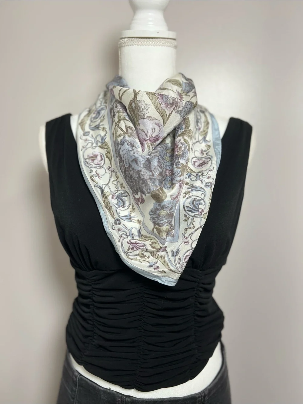Vintage 1980s–90s 100% Silk Square Scarf Floral Pastel Blue Festival Cottagecore